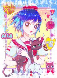1girl :d aika_granzchesta animal aria_(manga) black_cat blue_hair border bow bowtie cat character_name collarbone eyelashes fingerless_gloves gloves hair_ornament hairclip hat highres hime_granzchesta himeya_company_uniform holding holding_animal holding_cat jizizi looking_at_viewer open_mouth red_bow red_bowtie red_gloves red_hat sailor_collar short_hair short_sleeves sidelocks single_glove smile solo swept_bangs two-tone_hat upper_body white_hat