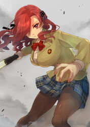 1girl astral_buddy blazer bow bowtie breasts brown_jacket brown_pantyhose commentary_request flashlight grey_skirt hair_ornament hair_over_one_eye highres holding holding_flashlight jacket jam_(lc_jam) large_breasts long_hair long_sleeves miniskirt pantyhose plaid_clothes plaid_skirt red_bow red_bowtie red_eyes red_hair school_uniform shirt simple_background skirt solo toaru_kagaku_no_railgun toaru_majutsu_no_index tokiwadai_school_uniform white_shirt winter_uniform yumiya_iruka