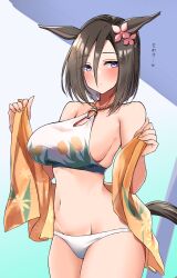 1girl absurdres air_groove_(seaside_bloom)_(umamusume) air_groove_(umamusume) animal_ears bare_shoulders bikini black_hair blush commentary_request cowboy_shot flower hair_between_eyes hair_flower hair_ornament highres horse_ears komb looking_at_viewer navel off_shoulder pink_flower purple_eyes short_hair solo standing stomach swimsuit tail thighs umamusume white_bikini