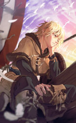 Rule 34 | 1boy, absurdres, black pants, blonde hair, boots, brown boots, brown capelet, brown coat, brown eyes, capelet, coat, falling feathers, feathers, flock, from below, fur-trimmed capelet, fur boots, fur trim, hair between eyes, hand on own cheek, hand on own face, head on hand, highres, male focus, messy hair, pants, ship, shirube akashi, sitting, solo, thorfinn, viking, vinland saga, watercraft, white feathers