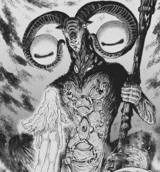 2boys androgynous balance_scale berserk body_piercings crossover disembodied_eye elden_ring elden_ring_nightreign extra_eyes facing_viewer from_behind goat_horns goat_legs griffith_(berserk) highres horns libra_(elden_ring) long_hair mage_staff multiple_boys nude very_big_eyes weighing_scale yitansan