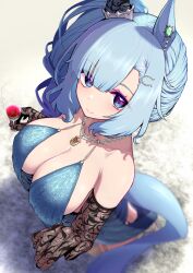 1girl bare_shoulders blue_dress blue_hair braid breasts cleavage dress gloves hair_ornament highres horse_girl jewelry long_hair looking_at_viewer medium_breasts mejiro_ardan_(umamusume) missile_(55missile) purple_eyes smile solo umamusume