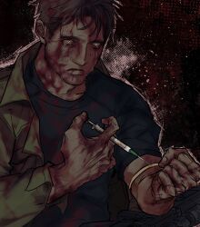 Rule 34 | 1boy, arm hair, black shirt, blood, blood in hair, blood on clothes, blood on face, blood on hands, blood splatter, brown hair, clenched hand, coat, crying, crying with eyes open, dilated pupils, drugs, green coat, highres, holding, holding syringe, injection, ju-san, male focus, messy hair, original, shirt, short hair, solo, sweat, syringe, tears, tourniquet, upper body, yellow eyes