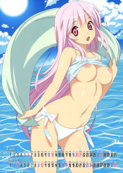 1girl :o absurdres august bare_shoulders bikini bikini_bottom_only blue_sky breasts calendar camisole cleavage clothes_lift cloud contrapposto day female_focus groin highres july koutaro large_breasts long_hair navel nipples ocean open_mouth pink_eyes pink_hair scan shiny_skin shirt_lift sky solo standing sun swimsuit towel underboob very_long_hair wading