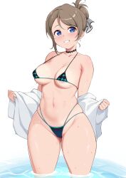 1girl areola_slip bikini black_bikini black_choker blue_eyes breasts brown_hair cameltoe choker covered_erect_nipples cowboy_shot curvy grin groin hair_bun highres love_live! love_live!_sunshine!! medium_breasts micro_bikini simple_background smile solo swimsuit thighs unsfrau watanabe_you water wet white_background