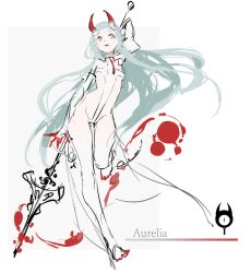 Rule 34 | 1girl, blue hair, blunt bangs, breasts, clothing cutout, clothing request, detached sleeves, floating blood, full body, gradient horns, gradient skin, hair flowing over, holding, holding behind back, holding polearm, holding weapon, holding weapon behind back, horns, leg up, long hair, multicolored horns, original, pink eyes, polearm, revealing clothes, side cutout, simple background, solo, standing, standing on one leg, twisted torso, underboob, very long hair, weapon, white background, yoimon