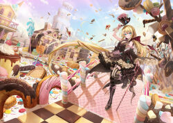 Rule 34 | 1girl, absurdly long hair, aqua bow, aqua eyes, arm up, asymmetrical legwear, bare shoulders, bee, block heels, blonde hair, blue sky, blush, boots, bow, bridge, brown dress, brown hat, bug, building, butter, buttons, candy, candy cane, cherry, chocolate, chocolate-covered food, chocolate fountain, closed mouth, commentary request, cookie, cream, criss-cross strings, day, dessert, detached sleeves, donut, dress, floating hair, food, frilled dress, frilled sleeves, frills, fruit, full body, garter straps, gelatin, gradient sky, hair between eyes, hair ribbon, hat, highres, holding, holding candy, holding candy cane, holding food, holding unworn clothes, holding unworn hat, house, insect, jelly bean, kakao rantan, light particles, lollipop, long hair, long sleeves, looking at viewer, macaron, marshmallow, multicolored hair, original, outdoors, pancake, pink streaks, pudding, ribbon, sidelocks, single detached sleeve, sky, smile, solo, sprinkles, standing, standing on one leg, streaked hair, striped clothes, striped thighhighs, sweets, sweets house, syrup, thigh boots, thighhighs, unworn hat, unworn headwear, very long hair, wafer, wafer stick, white wrist cuffs, wing collar, wrist cuffs