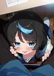 1boy 1girl black_hair black_pants blue_eyes blue_hair blue_skirt blush cmyk:_sameda_kazuou_wa_chuunibyou_ga_naosenai commentary_request hair_over_shoulder hands_on_another&#039;s_thighs highres ikezaki_shian indoors kneeling koba long_hair looking_at_viewer looking_up multicolored_hair nervous_smile official_art on_floor open_mouth pants pov pov_crotch sameda_kazuou school_uniform serafuku shirt sitting skirt smile streaked_hair under_table white_shirt