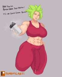 1futa abs bra breasts bulge closed_eyes cum cum_in_clothes cum_in_container cum_in_cup cum_through_clothes dragon_ball dragon_ball_super english_text femboycarti futanari green_hair grey_background highres kefla_(dragon_ball) large_breasts large_penis muscular muscular_female penis smile solo standing super_saiyan underwear