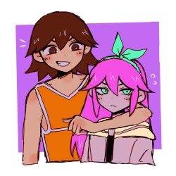 1boy 1girl 404deus :d annoyed arm_around_shoulder arm_at_side aubrey_(faraway)_(omori) aubrey_(omori) bare_arms bare_shoulders black_shirt blush border bow_hairband bright_pupils brown_eyes brown_hair closed_mouth commentary cropped_torso dot_nose double-parted_bangs english_commentary eyebrows_hidden_by_hair flat_chest flipped_hair flying_sweatdrops frown green_eyes green_hairband grin hair_between_eyes hairband highres jacket kel_(faraway)_(omori) kel_(omori) long_hair looking_at_another looking_at_viewer medium_hair notice_lines omori open_clothes open_jacket open_mouth orange_tank_top outside_border pink_hair purple_background sailor_collar shirt simple_background smile straight_hair tank_top v-shaped_eyebrows white_border white_jacket white_pupils white_trim yellow_sailor_collar