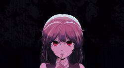 1other absurdres androgynous arde_(len&#039;en) bare_shoulders black_background brown_hair choker crazy crazy_smile ex_mugennumaya eyelashes finger_to_mouth highres jacket kuzu_suzumi len&#039;en medium_hair no_headwear open_clothes open_jacket orange_jacket other_focus parted_lips red_eyes simple_background sleeveless sleeveless_jacket smile solo straight-on teeth upper_body white_choker
