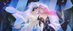Rule 34 | 15002sou, 2girls, alien stage, alternate costume, artist name, bare shoulders, black dress, black gloves, black hair, breasts, champagne flute, cherry, commentary, cup, dress, drinking glass, english commentary, english text, food, food in mouth, fruit, gloves, highres, holding, holding cup, jewelry, lace, lace-trimmed dress, lace trim, long hair, mizi (alien stage), mouth hold, multiple girls, necklace, pink hair, see-through clothes, see-through veil, short hair, strapless, strapless dress, sua (alien stage), veil, very long hair, white dress, yuri