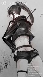 ... 1boy ? alternate_costume ass back belt black_hair butt_crack character_name crop_top cropped_jacket doodle_inset english_text from_behind gloves greyscale hand_on_own_hip holding holding_whip jacket long_hair long_sleeves looking_at_viewer looking_back male_focus midriff modao_zushi monochrome ponytail rakkyhappy short_shorts shorts solo_focus spoken_ellipsis spoken_question_mark spot_color thigh_strap trap weapon xue_yang