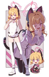1girl absurdres animal_ear_headphones animal_ears bare_shoulders battle_rifle black_pantyhose blonde_hair blue_archive blush bow breasts cat_ear_headphones cat_ears cat_tail chibi chibi_inset commentary_request covered_navel cropped_legs fake_animal_ears fake_tail full_body gluteal_fold gun h&amp;k_g3 hair_bow halo headphones highres holding holding_gun holding_weapon jacket leotard low-tied_sidelocks momoi_(battlesuit)_(blue_archive) momoi_(blue_archive) momoi_(winter)_(blue_archive) official_alternate_costume one_eye_closed open_mouth pantyhose pink_halo rifle scarf school_uniform sidelocks sizque small_breasts smile standing tail teeth thighhighs upper_teeth_only weapon white_leotard white_thighhighs winter_clothes