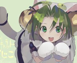 1girl animal_hat apron bell black_dress blush cat_hat cat_tail dejiko di_gi_charat dress green_background green_eyes green_hair hair_bell hair_ornament hat highres looking_at_viewer open_mouth shihou_(g-o-s) short_hair solo tail white_apron