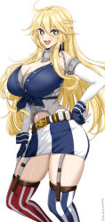 1girl american_flag american_flag_legwear american_flag_print asymmetrical_legwear blonde_hair blue_eyes blush breasts chamumi_(mochiumee) cleavage elbow_gloves fingerless_gloves flag_print front-tie_top garter_straps gloves hair_between_eyes highres iowa_(kancolle) kantai_collection large_breasts long_hair looking_at_viewer mismatched_legwear open_mouth skirt smile solo star-shaped_pupils star_(symbol) striped_clothes striped_skirt striped_thighhighs symbol-shaped_pupils thighhighs vertical-striped_clothes vertical-striped_skirt vertical-striped_thighhighs