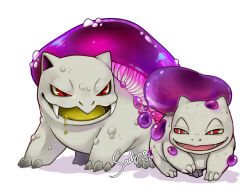 Rule 34 | alternate element, animal focus, bulbasaur, claws, commentary, creatures (company), drooling, english commentary, fangs, full body, game freak, gen 1 pokemon, ivysaur, nintendo, no humans, open mouth, poison, pokemon, pokemon (creature), red eyes, sadynax, signature, simple background, v-shaped eyes, white background