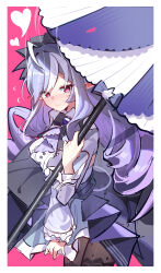 1girl absurdres ahoge border breasts brown_pantyhose closed_mouth commentary drill_hair hapwind heart highres light_blush long_hair mole mole_under_eye pantyhose pointy_ears purple_hair red_eyes solo sweat vivian_(zenless_zone_zero) white_border wide_sleeves zenless_zone_zero