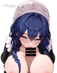 1boy 1girl absurdres areola_slip bar_censor black_dress blue_eyes blue_hair blush braid breasts censored commentary dress english_commentary fellatio hair_between_eyes hair_intakes hat highres hololive hololive_english huge_breasts licking licking_penis long_hair looking_at_viewer low_twin_braids maid namiorii oral ouro_kronii ouro_kronii_(maid) paizuri patreon_username penis simple_background solo_focus twin_braids twitter_username virtual_youtuber white_background white_hat