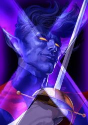 1boy black_background blue_bodysuit blue_hair blue_skin bodysuit closed_mouth colored_skin commentary english_commentary gloves hand_up highres holding holding_sword holding_weapon lips looking_at_viewer male_focus marvel monster_boy nightcrawler pointy_ears purple_background short_hair smile solo superhero_costume sword two-tone_background upper_body uzuri_art weapon white_gloves x-men x-men:_the_animated_series yellow_eyes
