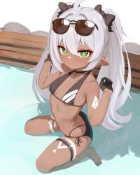 1girl ahoge bare_shoulders bikini black-framed_eyewear black_bikini black_gloves blue_archive blush breasts child collarbone commentary cosplay dark-skinned_female dark_skin eyewear_on_head genshin_impact gloves green_eyes hair_between_eyes highres iansan_(genshin_impact) iori_(blue_archive)_(cosplay) iori_(swimsuit)_(blue_archive)_cosplay loli long_hair looking_at_viewer mockingeu partially_submerged pointy_ears bad_tag simple_background sitting small_breasts solo swimsuit thigh_strap tinted_eyewear twintails very_long_hair wariza white_hair
