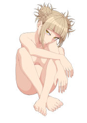 1girl absurdres barefoot blonde_hair blunt_bangs boku_no_hero_academia breasts closed_mouth collarbone completely_nude double_bun hair_bun highres kobaji large_breasts messy_hair nude orange_eyes simple_background smile solo toga_himiko white_background