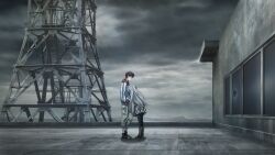 1boy 1girl black_pantyhose blue_hoodie boots broken_glass cargo_pants casual checkered_clothes checkered_skirt cloud cloudy_sky ears_visible_through_hair fukuda_tomonori game_cg glass grey_boots grey_hair grey_skirt grey_sky hair_between_eyes head_on_another&#039;s_chest height_difference high-waist_skirt highres hill hood hoodie jacket leaning_forward long_hair long_sleeves non-web_source official_art on_rooftop outstretched_arms pants pantyhose pulling_another&#039;s_clothes red_hair red_hood red_shoes red_trim robotics;notes rooftop scenery shoes skirt sky sneakers striped_clothes striped_hoodie sunlight tower twintails white_jacket yashio_kaito yukifune_airi