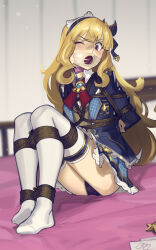 artist_name blonde_hair blue_jacket cad_(caddo) cagliostro_(granblue_fantasy) cloth_gag gag gagged granblue_fantasy highres improvised_gag jacket long_hair on_bed one_eye_closed purple_eyes sitting tape tape_gag thighhighs wariza white_thighhighs