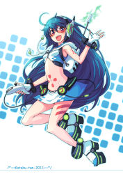 1girl blue_hair bodypaint boots breasts controller crop_top female_focus fingerless_gloves game_controller gloves joystick kotaku kotaku-tan michairu midriff miniskirt navel original skirt small_breasts solo sunglasses