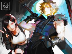 Rule 34 | 1boy, 1girl, armor, bare shoulders, black hair, black skirt, blonde hair, blue eyes, blush, breasts, brown hair, buster sword, cloud strife, crop top, earrings, elbow gloves, elbow pads, final fantasy, final fantasy vii, final fantasy vii remake, fingerless gloves, gloves, highres, jewelry, large breasts, long hair, looking at viewer, low-tied long hair, maskoo185826, pants, parted bangs, pauldrons, red eyes, shinra infantry uniform, shirt, short hair, shoulder armor, single arm guard, single elbow pad, single pauldron, single shoulder pad, skirt, sleeveless, sleeveless turtleneck, smile, spiked hair, suspender skirt, suspenders, tank top, teardrop earrings, tifa lockhart, turtleneck, weapon, white tank top