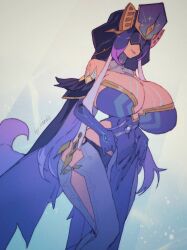 Rule 34 | 1girl, blue dress, bodice, breasts, commission, cosplay, covered eyes, cropped legs, dress, elbow gloves, eye mask, gloves, highres, huge breasts, kardie, long hair, mirror maiden (genshin impact), mirror maiden (genshin impact) (cosplay), original, smile, solo, standing, very long hair