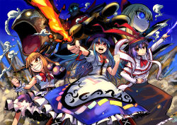 3girls :d arm_up bare_arms blonde_hair blue_eyes blue_hair blue_sky boots brown_footwear catfish chain chinese_commentary clenched_hand clenched_teeth commentary_request cross-laced_footwear cuffs day debris dress fish frilled_shirt frills furrowed_brow goliath_doll gourd grin hair_ribbon hand_on_own_stomach hat hat_ribbon heran_hei_mao hinanawi_tenshi hisou_tensoku holding holding_sword holding_weapon horns ibuki_suika index_finger_raised layered_dress layered_skirt leaning_to_the_side lightning long_hair long_sleeves looking_at_viewer looking_to_the_side low-tied_long_hair mecha multiple_girls nagae_iku namazu_(touhou) open_mouth orange_eyes orange_hair outdoors puffy_short_sleeves puffy_sleeves purple_hair red_eyes ribbon robot scarlet_weather_rhapsody shackles sharp_teeth shirt short_sleeves skirt sky sleeveless sleeveless_shirt smile smoke standing sword sword_of_hisou teeth touhou touhou_hisoutensoku very_long_hair weapon wrist_cuffs