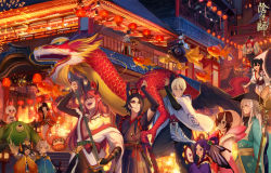 6+boys 6+girls ^_^ animal_ears architecture arm_tattoo bad_id bad_pixiv_id black_hair blonde_hair blue_eyes blunt_bangs blush bob_cut breasts brown_hair butterfly_wings character_request chest_tattoo cleavage closed_eyes closed_mouth colored_sclera copyright_name demon_parade east_asian_architecture fireworks fish flower grey_hair hair_between_eyes hair_flower hair_ornament hair_rings head_wings highres holding holding_instrument holding_umbrella insect_wings instrument jewelry koi lantern large_breasts long_hair looking_at_another looking_away multiple_boys multiple_girls muscular necklace night off_shoulder oil-paper_umbrella onmyoji onmyouji open_mouth orange_wings outdoors paper_lantern pointy_ears purple_eyes purple_hair rabbit_ears red_eyes red_hair red_sclera sheath sheathed short_hair short_hair_with_long_locks sitting smile standing stella_chen_yui tambourine tattoo teeth tooth_necklace umbrella very_long_hair white_hair winged_arms wings yasha_(onmyoji) yellow_eyes