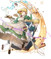 Rule 34 | 2girls, apron, attack, blonde hair, braid, braided ponytail, fire emblem, fire emblem: genealogy of the holy war, fire emblem: thracia 776, fire emblem: three houses, green eyes, hair ornament, highres, ingrid brandl galatea, ingrid brandl galatea (tea party), long hair, low ponytail, maid, maid apron, maid headdress, multiple girls, nanna (fire emblem), nanna (tea party) (fire emblem), nintendo, non-web source, official alternate costume, official art, ponytail, short hair, spoon, wing hair ornament