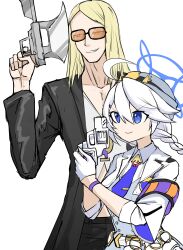 1boy 1girl absurdres ahoge blonde_hair blue_archive blue_eyes bracelet braided_twintails coat collared_jacket collared_shirt fate/grand_order fate_(series) gloves gun hair_between_eyes halo handgun hat highres holding holding_gun holding_weapon jacket jewelry kirino_(blue_archive) long_hair necktie nubebenbe open_clothes open_coat open_jacket police_hat revolver shirt smile smirk sunglasses tezcatlipoca_(fate) trait_connection v-neck weapon white_hair