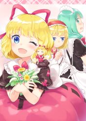 Rule 34 | 3girls, alice margatroid, apron, black dress, black shirt, blonde hair, blue eyes, bow, bowtie, bubble skirt, capelet, closed eyes, collar, commentary request, dandelion, doll, dress, expressionless, fairy wings, flower, frilled bow, frilled hairband, frills, front ponytail, green eyes, green hair, hair ribbon, hairband, holding, holding flower, jitome, kagiyama hina, light blush, lily of the valley, long hair, maid headdress, medium hair, mito tsubaki, multiple girls, one eye closed, open mouth, pink background, profile, red bow, red bowtie, red hairband, red ribbon, red skirt, ribbon, shirt, skirt, su-san, touhou, tying apron, white apron, white capelet, white collar, wings