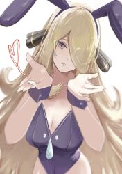1girl animal_ears bare_shoulders black_leotard breasts cleavage cynthia_(pokemon) fake_animal_ears hair_over_one_eye heart highleg highleg_leotard highres large_breasts leotard long_hair nintendo playboy_bunny pokemon pokemon_dppt rabbit_ears ringosan2329 simple_background solo strapless strapless_leotard upper_body very_long_hair white_background