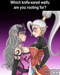2girls asymmetrical_docking bracelet breast_press breasts bridal_gauntlets commentary commission dress earrings english_commentary english_text facial_mark green_eyes grey_hair hair_tubes half_updo hands_on_own_hips headpiece high_ponytail highres idiot_of_the_east jewelry large_breasts long_hair multiple_girls pink_eyes ponytail pout slaanesh strapless strapless_dress tube_dress very_long_hair warhammer_40k watermark wavy_hair web_address yvraine