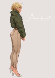 1girl ahoge blonde_hair cropped_jacket english_text from_side full_body green_jacket grey_background high_heels highres jacket nil_sunna original pants pointy_ears profile shoes simple_background solo standing sunna_(nilsunna) white_shoes