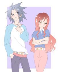 1boy 1girl aqua_sleeves belt bervens12 black_hair black_pants blue_eyes blue_shirt border breasts casual cissnei closed_mouth collared_shirt cowboy_shot crisis_core_final_fantasy_vii crossed_arms dog_tags facial_scar final_fantasy final_fantasy_vii hand_in_pocket hand_on_own_chest highres light_blush long_hair long_sleeves loose_belt medium_breasts medium_hair multiple_belts pants parted_bangs pink_pants puffy_short_sleeves puffy_sleeves purple_background red_hair scar scar_on_cheek scar_on_face shirt short_sleeves sidelocks studded_belt wavy_hair white_belt white_border yellow_eyes zack_fair