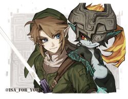1boy 1girl absurdres blonde_hair blue_eyes colored_sclera colored_skin earrings fang green_hat green_tunic hat helmet highres isa-415810 jewelry layered_clothes leaning_on_person link long_hair master_sword midna multicolored_skin navel nintendo one_eye_covered orange_hair phrygian_cap pointy_ears red_eyes shoulder_belt sidelocks smile the_legend_of_zelda the_legend_of_zelda:_twilight_princess tunic two-tone_skin yellow_sclera