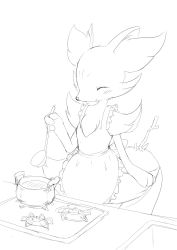 1girl ^_^ animal_ear_fluff animal_ears animal_nose apron blush body_fur braixen closed_eyes closed_mouth cooking cowboy_shot female_focus flat_chest fox_ears fox_girl fox_tail frilled_apron frills furry furry_female gen_6_pokemon greyscale hand_up happy holding holding_ladle indoors kajiura ladle maid_apron monochrome neck_fur nintendo pokemon pokemon_(creature) pot simple_background sink sketch smile snout solo stick stove tail white_background