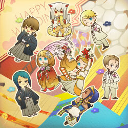 1other 3girls 5boys :d alternate_costume alternate_hairstyle animal_ears arm_up back_bow black_shirt black_shoes blonde_hair blue_eyes blue_hair blue_haori blue_kimono blue_tunic bokujou_monogatari bokujou_monogatari:_mittsu_no_sato_no_taisetsuna_tomodachi boutonniere bow bride brown_eyes brown_hair chibi chibi_only chinese_knot collarbone collared_shirt double-parted_bangs dress flower ford_(bokujou_monogatari) formal_clothes fox_ears fox_tail frilled_dress frills gold_necklace gold_trim gradient_clothes gradient_kimono grey_hakama groom hair_between_eyes hair_bun hair_flower hair_ornament hair_over_shoulder hair_slicked_back hakama haori harem_pants headscarf high_heels hinata_(bokujou_monogatari) holding holding_flower inari_(bokujou_monogatari) jacket japanese_clothes jewelry kimono light_blush long_hair long_sleeves looking_at_viewer low-tied_sidelocks low_ponytail ludus_(bokujou_monogatari) multiple_boys multiple_girls nanami_(bokujou_monogatari) necklace necktie one_eye_closed open_mouth outline pants parted_bangs patterned_background peony_(flower) pink_flower pom_pom_(clothes) ponytail pumps rattail reaching reaching_towards_viewer red_eyes red_flower sandals sash shirt shoes short_hair short_ponytail short_sleeves sidelocks single_hair_bun sitting sleeveless_tunic sleeves_past_fingers sleeves_past_wrists smile sorarina78 suit tabi tail tunic uchikake v-shaped_eyebrows vest wayne_(bokujou_monogatari) wedding_dress white_dress white_flower white_hair white_jacket white_necktie white_outline white_pants white_shoes white_suit white_vest wide_sleeves wing_collar yellow_sash yuzuki_(bokujou_monogatari) zouri