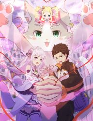 2boys 2girls absurdres animal_ear_fluff animal_hands bare_shoulders beatrice_(re:zero) black_hair blonde_hair blue_eyes blush braid breasts butterfly-shaped_pupils capelet cat cat_paws cleavage clothing_cutout commission commissioner_upload crown crown_braid dress drill_hair earrings elf emilia_(re:zero) flower fur-trimmed_capelet fur_trim gem green_eyes green_gemstone grey_hair hair_flower hair_ornament hair_ribbon hair_slicked_back heart heart_of_string highres holding_hands interlocked_fingers jacket jewelry long_hair long_sleeves looking_at_viewer mansion medium_breasts mini_crown multiple_boys multiple_girls natsuki_subaru non-web_source open_mouth parody pink_ribbon pointy_ears puck_(re:zero) purple_eyes purple_ribbon re:zero_kara_hajimeru_isekai_seikatsu red_dress ribbon ro_ka_ro_ka rose scene_reference sekiha_love-love_tenkyoken short_hair shoulder_cutout sidelocks single_earring skirt smile string string_around_finger string_of_fate symbol-shaped_pupils symmetrical_hand_pose thighhighs thighs thread track_jacket track_suit twin_drills white_flower white_hair white_rose white_thighhighs x_hair_ornament