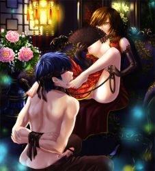 bdsm blindfold blue_hair blush bondage bound bound_wrists breasts brown_eyes brown_hair censored china_dress chinese_clothes collar dress feet femdom foot_worship hamura_mayu kaito_(vocaloid) licking licking_foot meiko_(vocaloid) nail_polish no_panties penis pussy rape short_hair slave sweat toenail_polish toenails toes vocaloid