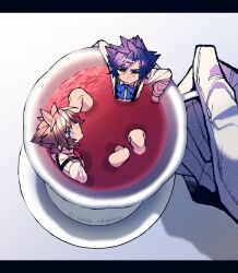 2boys blue_bow blue_eyes blue_hair bow brown_hair chiwaki_nikuodoru closed_mouth collared_shirt cup dark_blue_hair gloves holding holding_cup in_container in_cup kingdom_hearts kingdom_hearts_iii long_sleeves looking_up male_focus mini_person miniboy multiple_boys partially_submerged pout shirt short_hair simple_background sora_(kingdom_hearts) spiked_hair spread_legs suspenders tea teacup twitter_username vanitas_(kingdom_hearts) white_gloves yellow_eyes