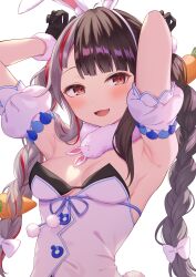 1girl absurdres animal_ear_fluff animal_ears arm_cuffs armpits arms_behind_head black_bra black_gloves blush bra braid breasts brown_hair carrot_hair_ornament coat coat_dress cosplay costume_switch detached_sleeves don-chan_(usada_pekora) dress fake_animal_ears fake_tail food-themed_hair_ornament fur_scarf gloves grey_hair hair_ornament highres hololive long_hair looking_at_viewer medium_breasts multicolored_hair nijisanji open_mouth paw_pose pom_pom_(clothes) puffy_detached_sleeves puffy_sleeves rabbit_ears red_eyes red_hair scarf simple_background smile solo split-color_hair strapless strapless_bra streaked_hair tail twin_braids two-tone_hair underwear usada_pekora usada_pekora_(1st_costume) usada_pekora_(cosplay) very_long_hair virtual_youtuber white_background white_coat white_scarf yorumi_rena yuusa
