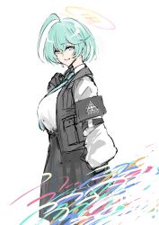 1girl absurdres alternate_costume antenna_hair armband blue_archive breasts halo highres large_breasts looking_at_viewer mo_mi_sa_ki shirt simple_background solo twitter white_background white_shirt yellow_eyes yume_(blue_archive)