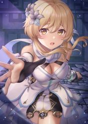 Rule 34 | 1girl, absurdres, bare shoulders, blonde hair, blush, breasts, cleavage, detached sleeves, dress, flower, genshin impact, hair flower, hair ornament, highres, huge filesize, large breasts, looking at viewer, lumine (genshin impact), medium hair, open mouth, outstretched arm, scarf, sidelocks, solo, white dress, white scarf, yellow eyes, yuririn poi