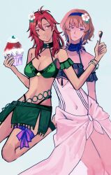 2girls absurdres berry bikini blonde_hair bracelet breasts closed_mouth constance_von_nuvelle constance_von_nuvelle_(summer) covered_navel dark-skinned_female dark_skin drill_hair drill_sidelocks fire_emblem fire_emblem:_three_houses fire_emblem_heroes flower food green_bikini hair_flower hair_ornament hairband hapi_(fire_emblem) hapi_(summer)_(fire_emblem) highres holding holding_spoon ice_cream jewelry medium_breasts medium_hair melting_ice_cream multicolored_hair multiple_girls navel nintendo official_alternate_costume one-piece_swimsuit ponzuponta39 purple_hair red_eyes red_hair sarong shaved_ice short_hair sidelocks spoon swimsuit white_one-piece_swimsuit white_sarong